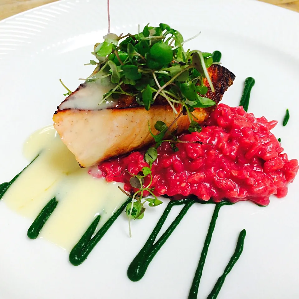 Panned Belize cobia fillet, red beet risotto, ramp pesto, beer blanc|Shawn F Doyle CECさん