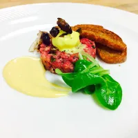 Snapdishの料理写真:Beef carpaccio, mustard gelato, egg emulsion, candied dinky mushrooms|Shawn F Doyle CECさん