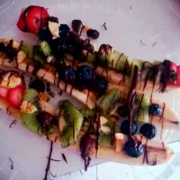 Snapdishの料理写真:Banana Planks! #Strawberries #Kiwi #Blueberries #Honey #Chocolate #DriedBanana|Garcia Jasnique Hallさん