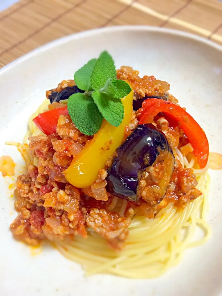 Snapdishの料理写真:揚げ茄子が美味しいミートスパゲッティ🍝|井。よし🍇さん