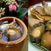 steamed ginseng chicken broth with abalone in bamboo tube.