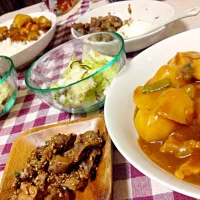 Snapdishの料理写真:カレー、砂肝のネギ塩焼き、旨味キャベツ🌱|MAMIさん