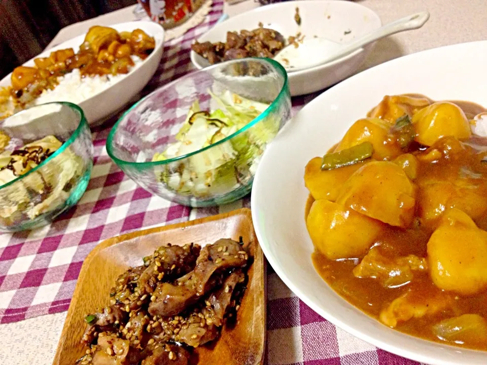 カレー、砂肝のネギ塩焼き、旨味キャベツ🌱|MAMIさん