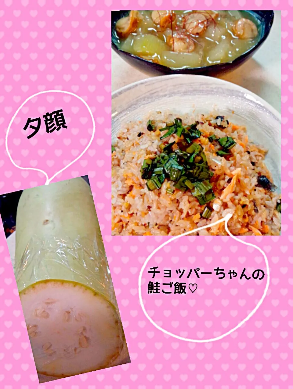 チョッパーちゃんの鮭と三つ葉の混ぜご飯🍚をアキのあれで♡と、夕顔とベビーホタテの冷やしあんかけ♡|ゆっこさん