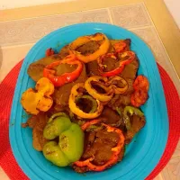 Skillet steak marinated with sweet Asian bbq sauce and roasted peppers|Brittany Fosterさん