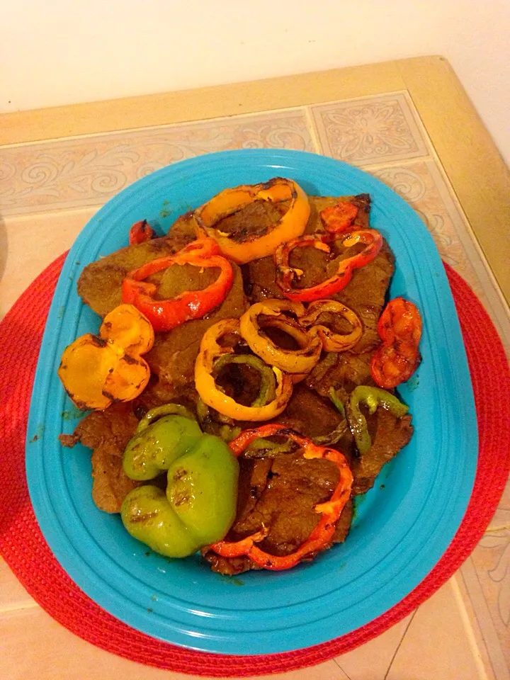 Snapdishの料理写真:Skillet steak marinated with sweet Asian bbq sauce and roasted peppers|Brittany Fosterさん