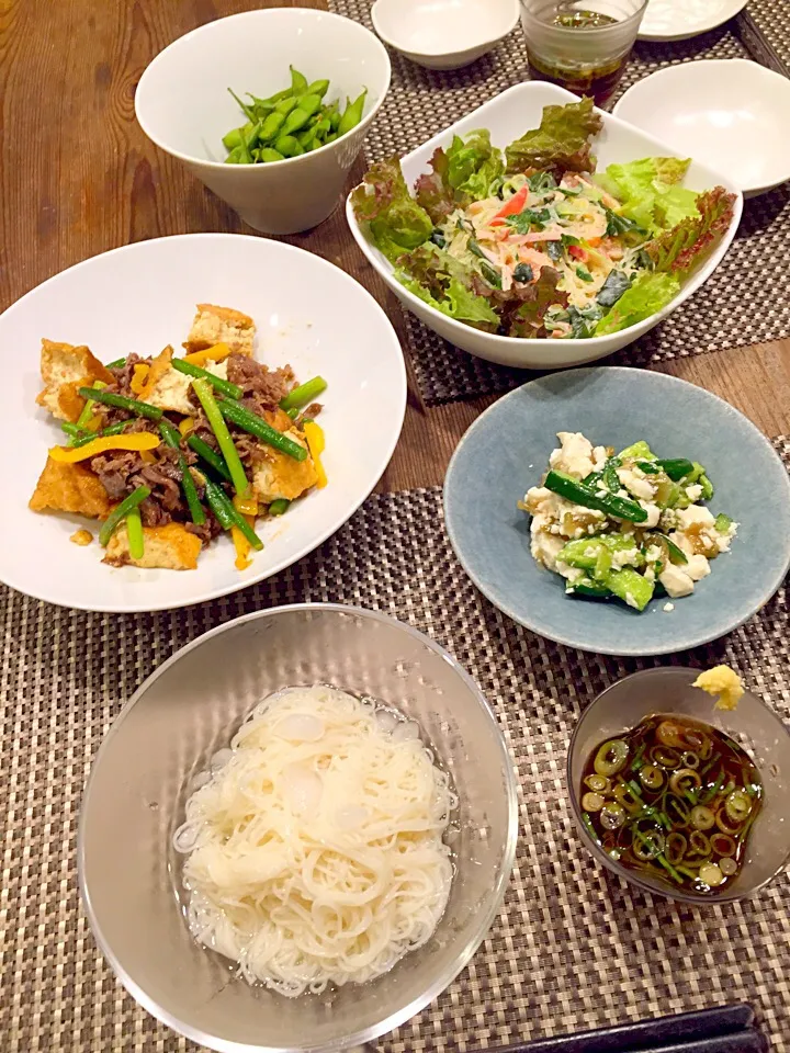 今日は夏バテ防止メニュー✨牛肉と厚揚げ、ニンニクの芽の焼肉のタレ炒め、叩ききゅうりとお豆腐、ザーサイの和え物、春雨サラダ、枝豆、お素麺🍃|まみりんごさん