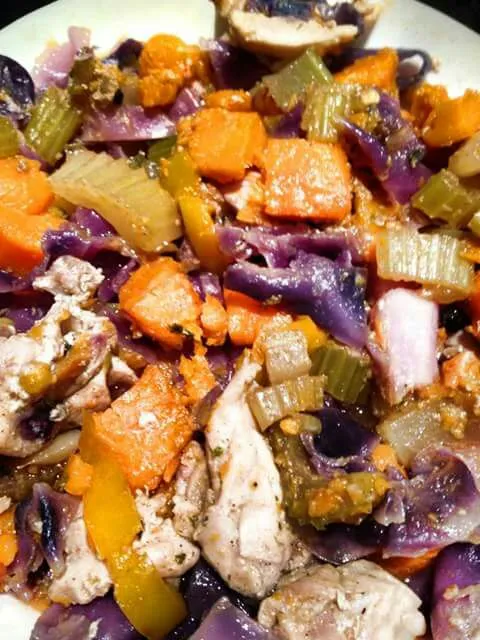 Snapdishの料理写真:Grilled Vegetable Stir Fry W/ Olive Oil Bell Peppers, Sweet Potatoes, Celery, Onions Zucchini, Chunks of Grilled Chicken Breast Pieces|Sheila Harrisさん