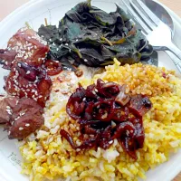 Snapdishの料理写真:Special Pork Adobo with Boiled Sweet Potato Leaves and Turmeric Rice|jenicamerさん