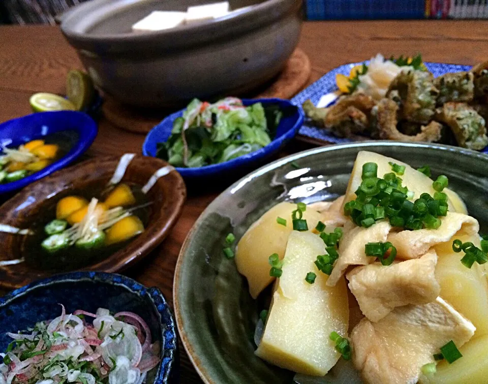 まさかのアツアツ湯豆腐♨ʕ-̼͡-ʔ・ゴーヤの唐揚げ・イモタイタン・酢のものʕ-̼͡-ʔ的な晩ごは〜ん|七海さん