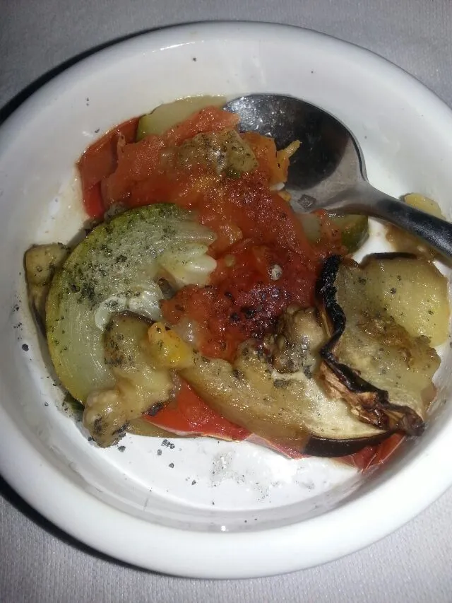 roasted eggplant, zucchini, and tomatoes with garlic oil and sadly and pepper. all from the veggie stand.|Polly Gelfusoさん