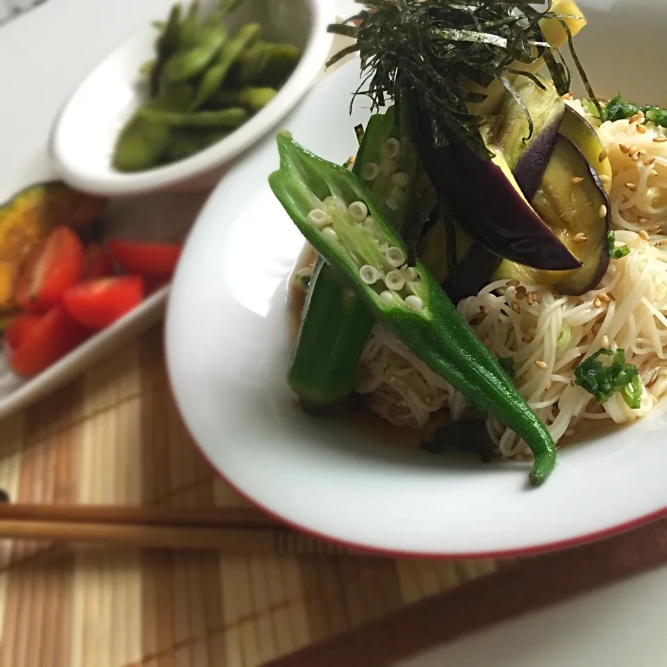 夕食◎ 蒸しなす乗っけ素麺💛 夏野菜だらけめにゅー|しょちちさん