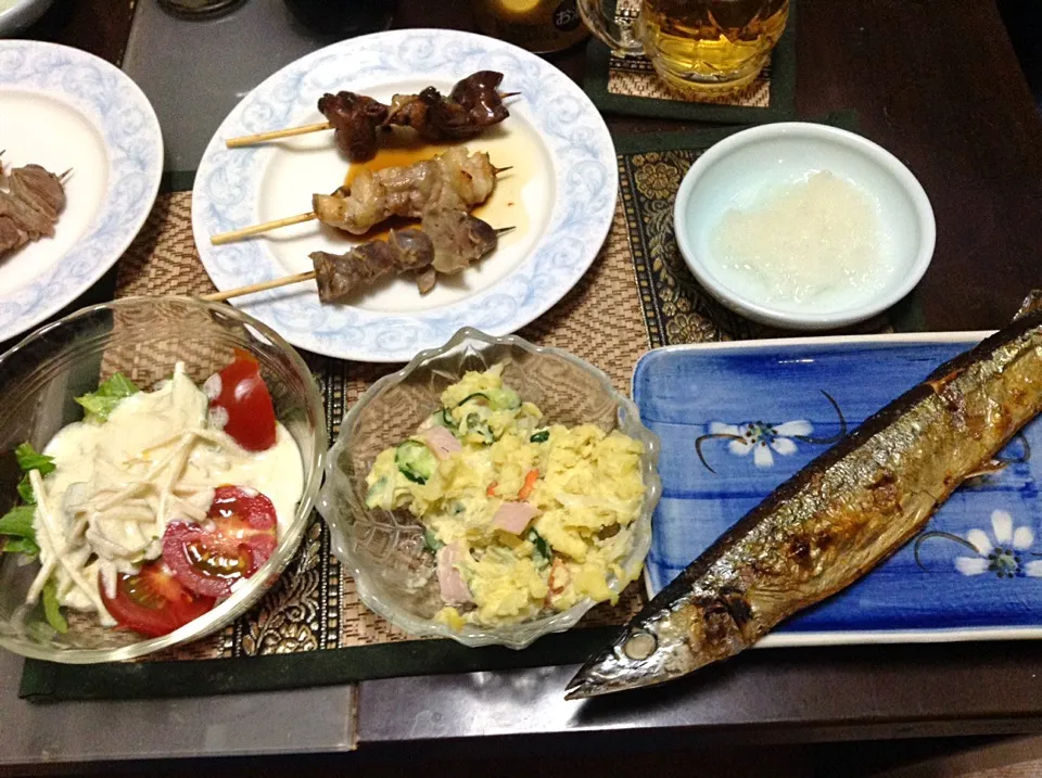 ボテトサラダ＆焼き鳥＆トマトとセロリのサラダ|まぐろさん