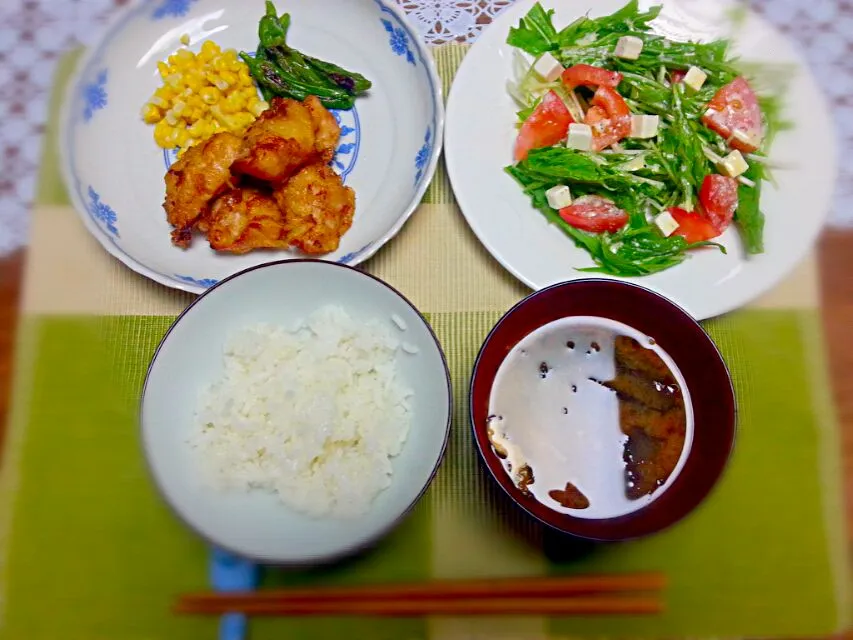 晩ご飯☆とり天・水菜とトマトのサラダ・お味噌汁|なべちゃんさん