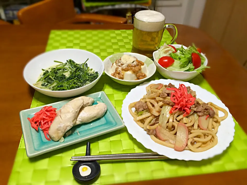 Snapdishの料理写真:焼うどん&蒸し鶏🍺|マニラ男さん