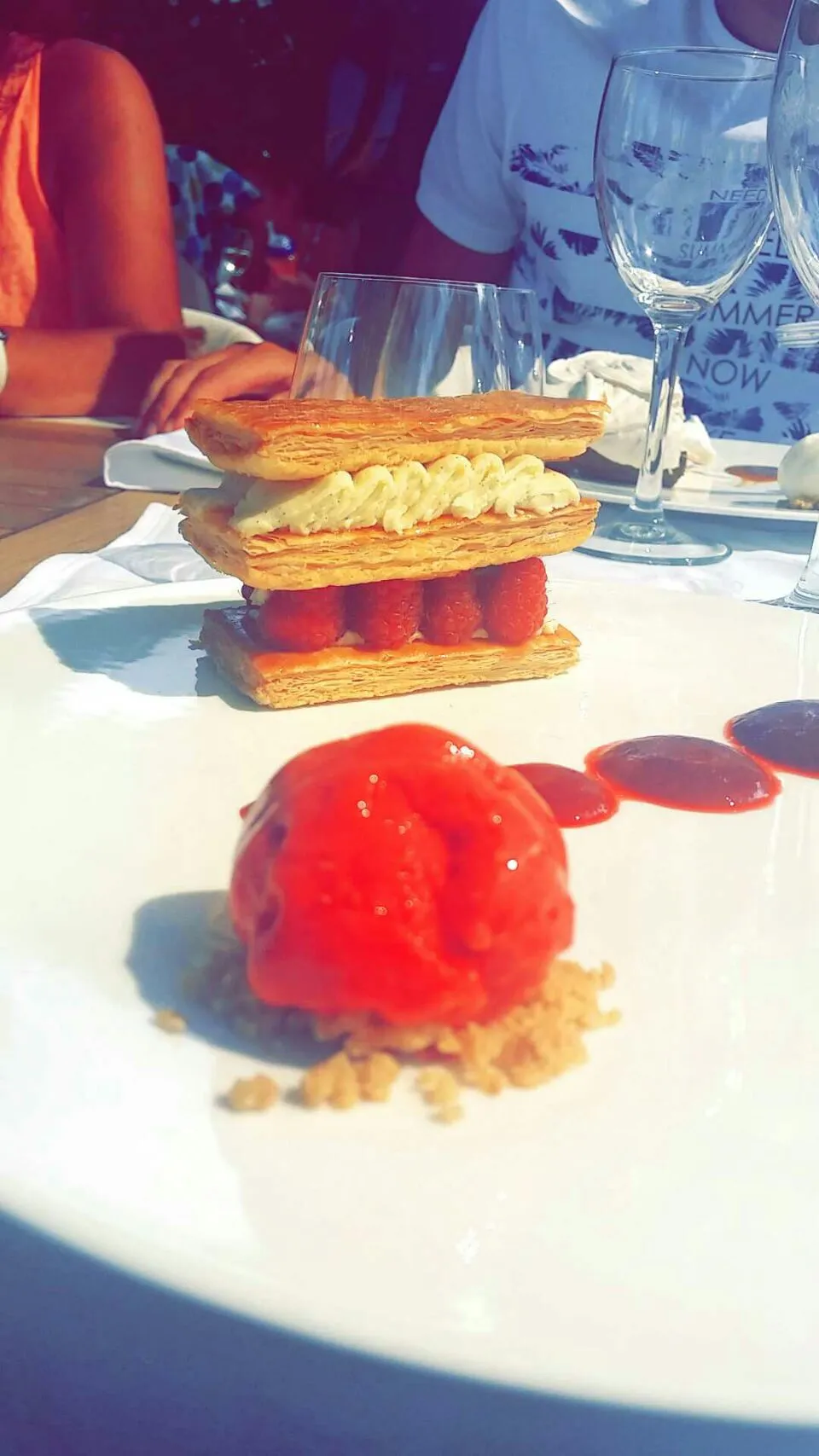 Snapdishの料理写真:#Dessert - millefeuille, raspberry, vanilla cream & raspberry sorbet ♡|Mélissaさん