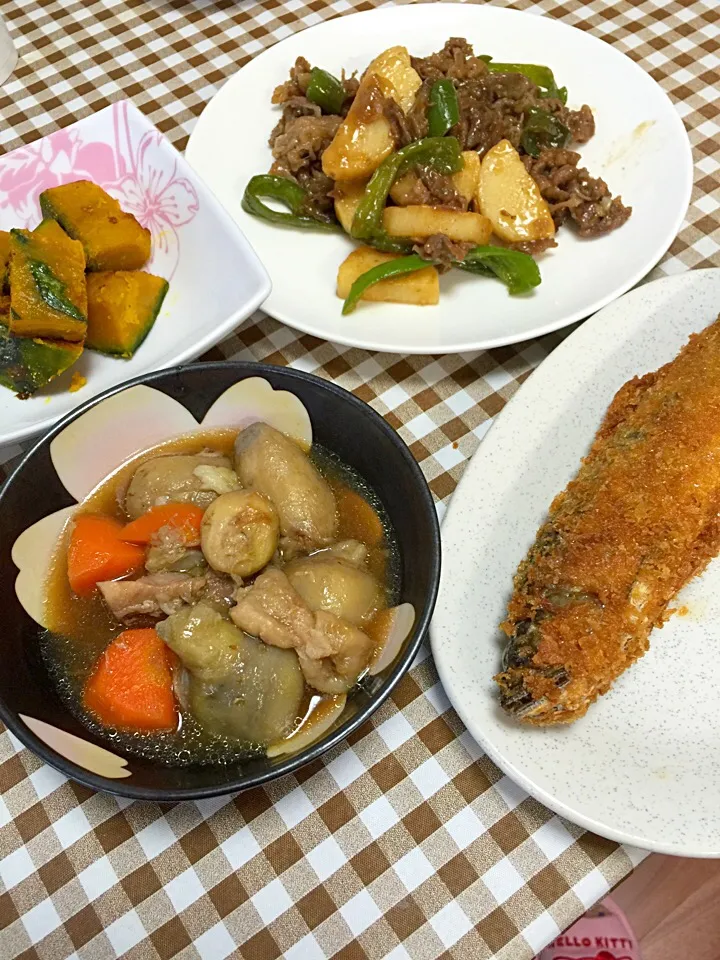 新里芋の煮物💕鮎フライ💕長芋と牛肉の甘辛醤油ソテー💕かぼちゃの塩バター|☆光るさん