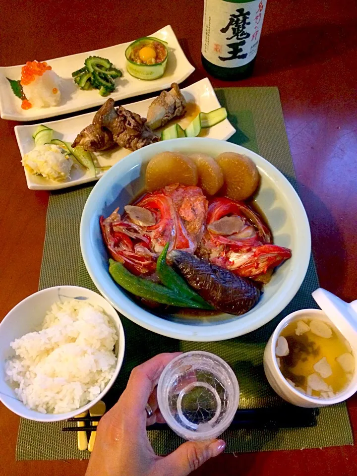 Today's Dinner🍴前菜･ｴﾘﾝｷﾞの牛肉巻き･金目鯛と野菜の煮物･お吸い物･白飯|🌈Ami🍻さん