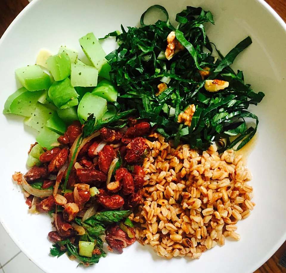 Snapdishの料理写真:Farro, kidney beans with grilled onions, boiled xuxu, and raw collard greens with dill, lemon and walnut salad|victoria valerioさん