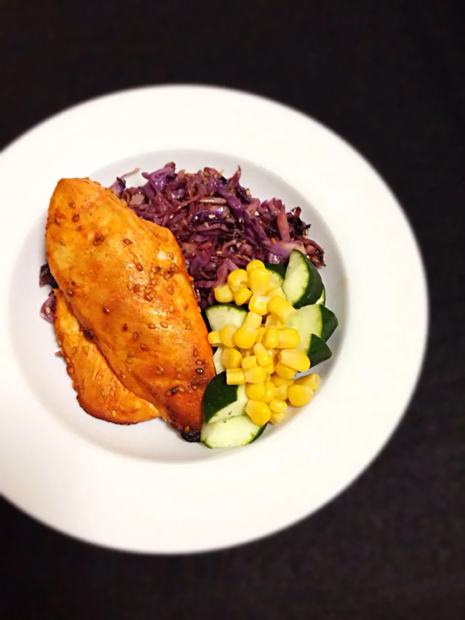 Light dinner - gochujang grilled chicken breast, sautéed purple cabbage, cucumber and corn salad|coxiella24さん