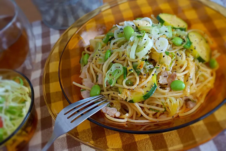 夏バテ知らず！野菜たっぷり豚の生姜焼き風「和」パスタ|az.さん