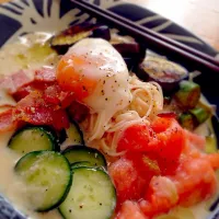 marimariさんの料理 冷たい豆乳トマトうどん🍎