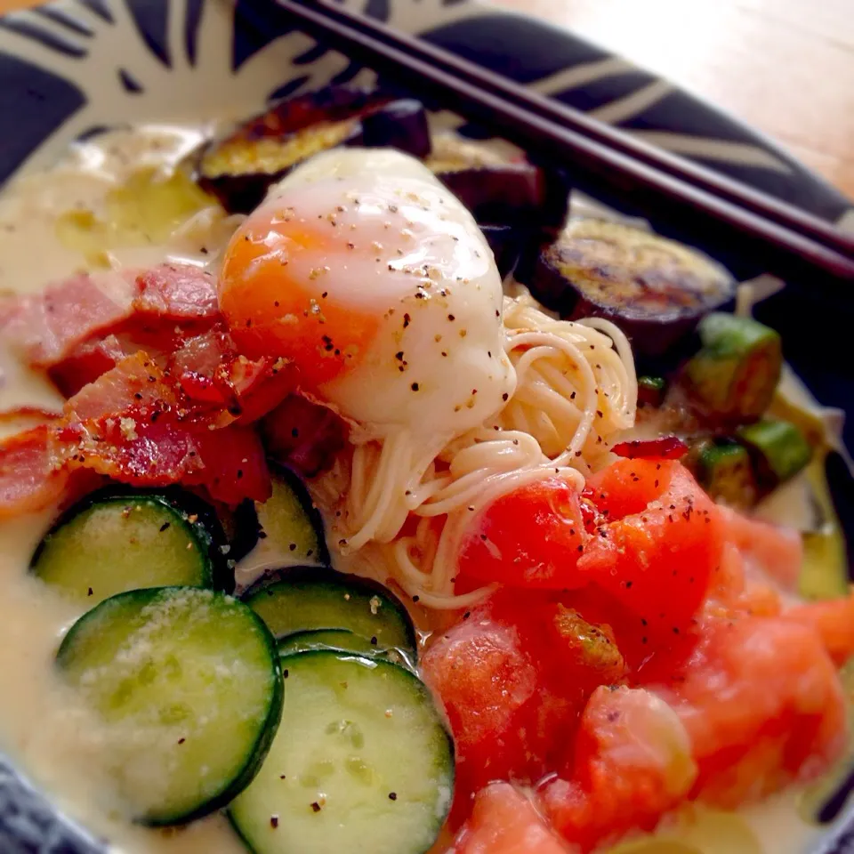 marimariさんの料理 冷たい豆乳トマトうどん🍎|ららさん