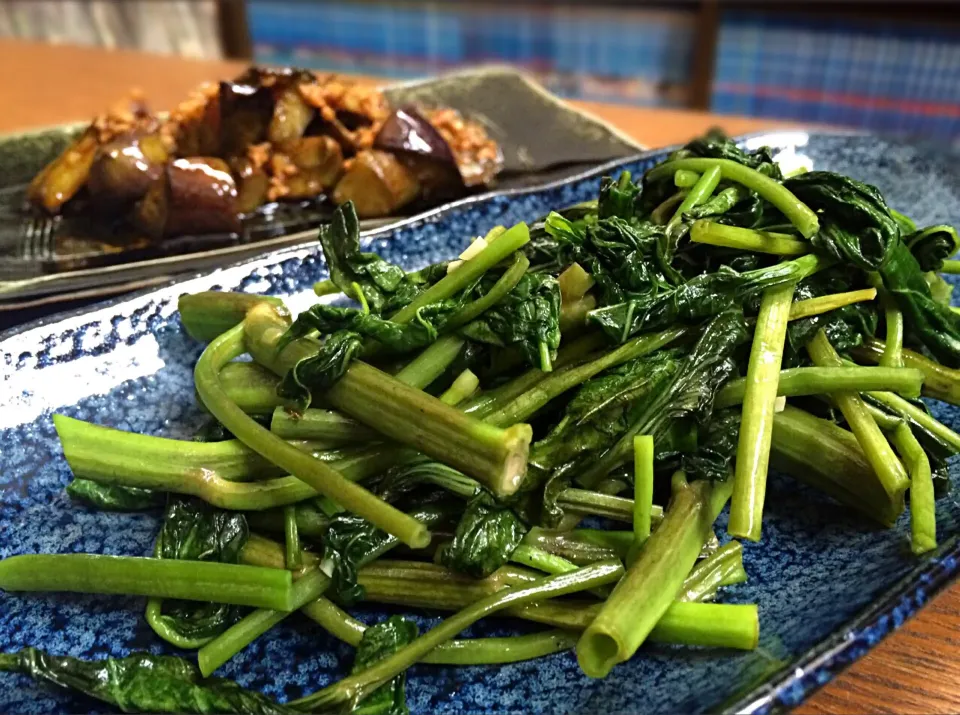 Snapdishの料理写真:空芯菜炒め&麻婆茄子ʕ-̼͡-ʔ|七海さん