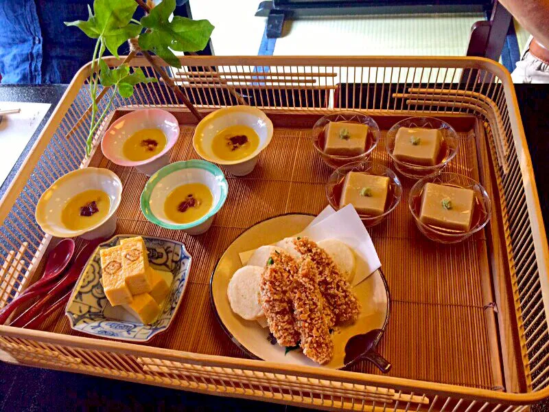 とうもろこしすりながし🌽、ごま豆腐、おくら&山芋揚げ、厚焼き卵|みうのすけさん