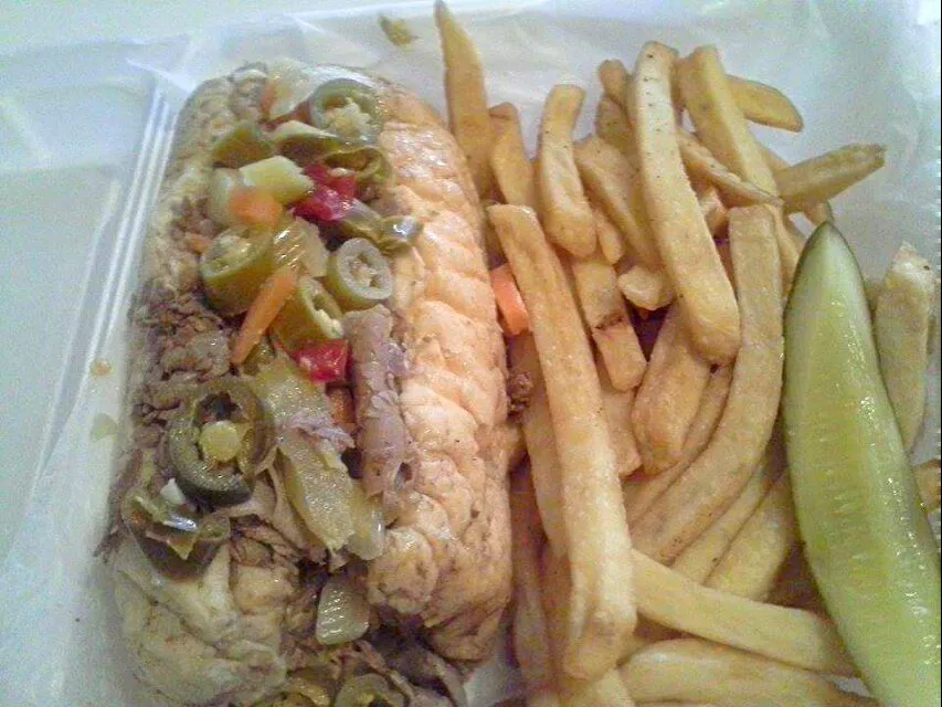 Snapdishの料理写真:Italian Beef on French Roll Dipped W/ Hot Peppers And American  Cheese W/ A Kosher Pickle And Thickly Cut Chicago  Style French Fries...Mmmmm|Sheila Harrisさん