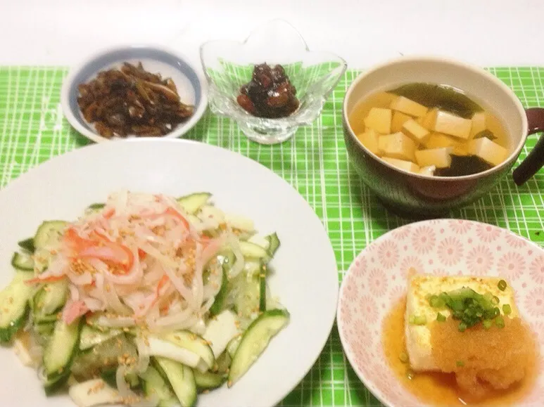 辛子高菜・のり豆・お汁・豆腐ステーキみぞれソース・イカと春雨の冷やし中華風|美也子さん