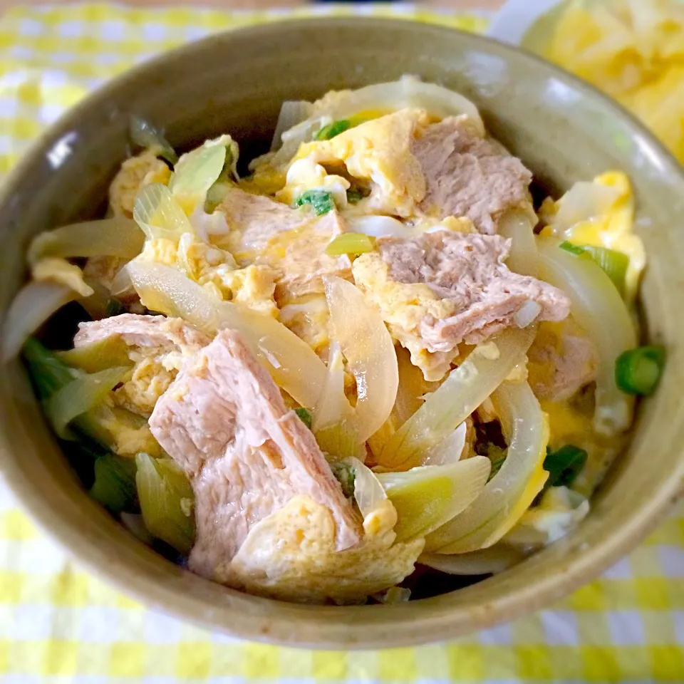 大豆たんぱく肉の卵とじ丼|すぎさん