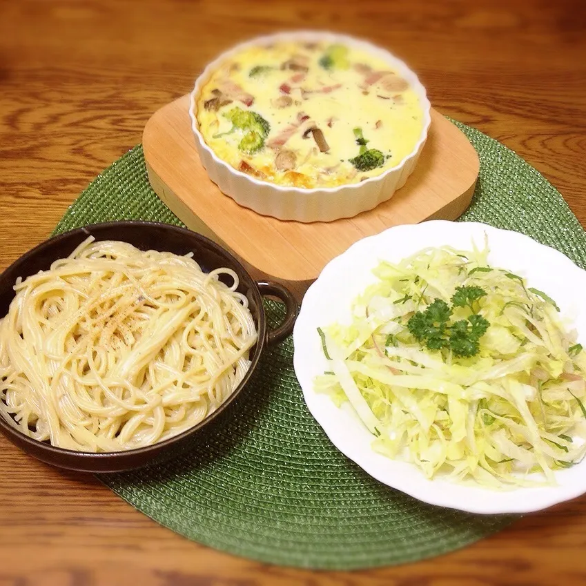 台なしキッシュ・レタスと大葉とミョウガのサラダ・ゴルゴンゾーラのクリームパスタ|美也子さん