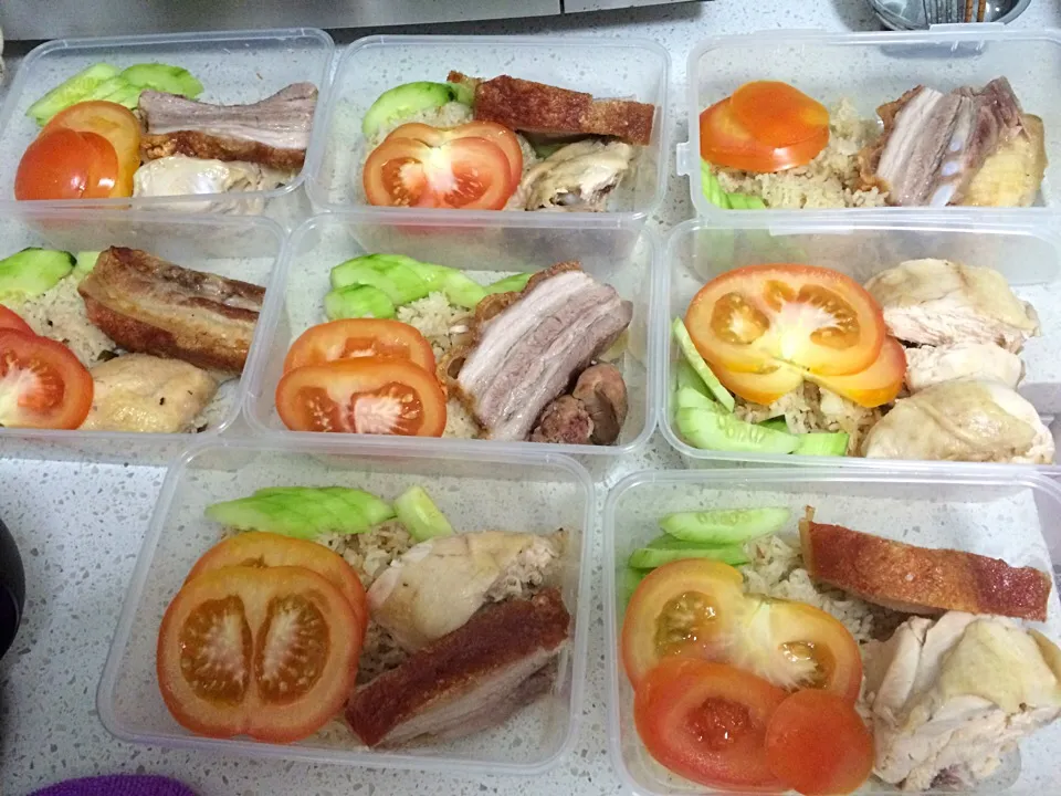 Snapdishの料理写真:Dinner bento boxes - chicken rice and roast pork|Ong Sor Fernさん