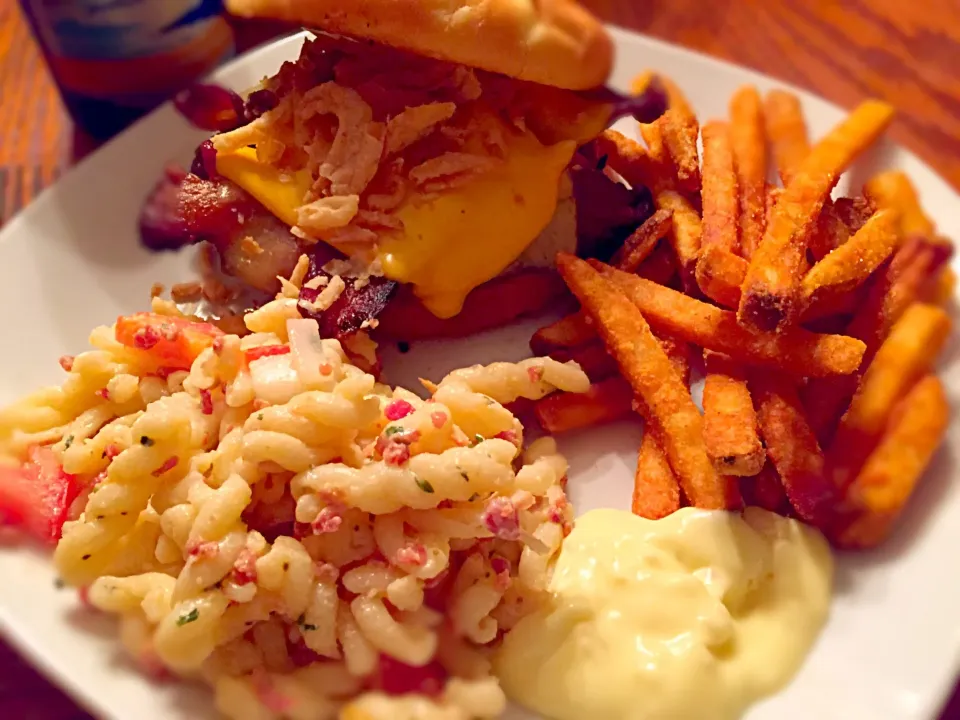 Snapdishの料理写真:Bacon cheeseburger, homemade pasta salad, and fries with a saffron aioli dipping sauce|TJ McAfoosさん