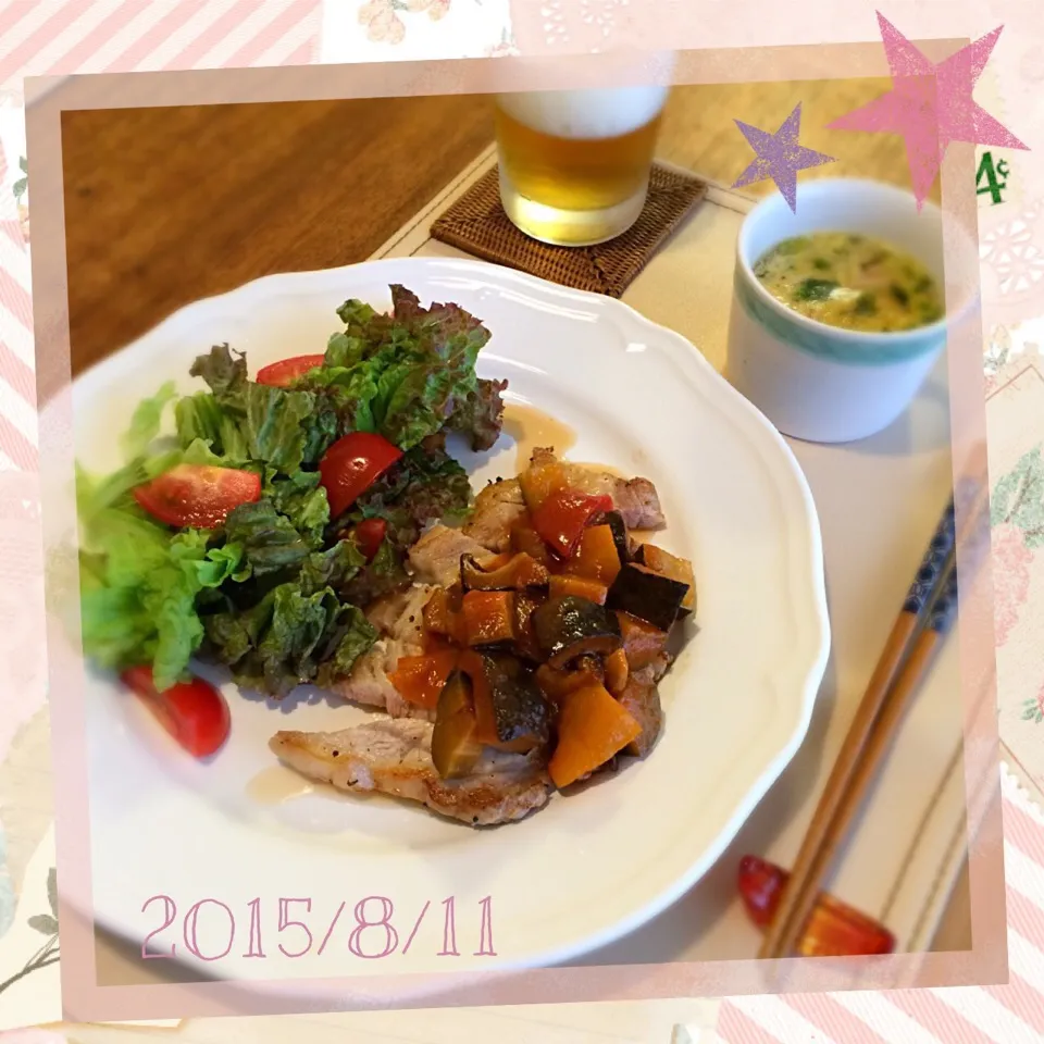 Snapdishの料理写真:豚ロースのソテー 干ししいたけのラタトゥイユ添え スープ|𓇼 Ⓢ Ⓗ Ⓘ Ⓝ Ⓞ Ⓑ Ⓤ 𓇼さん