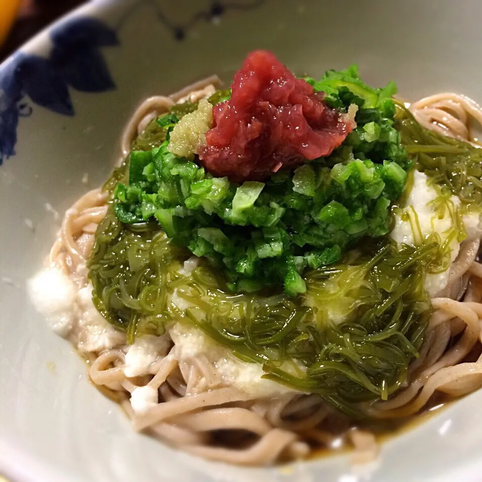 Snapdishの料理写真:夏の麺・オクラと梅、メカブ、とろろの冷やし蕎麦|angiee♡さん