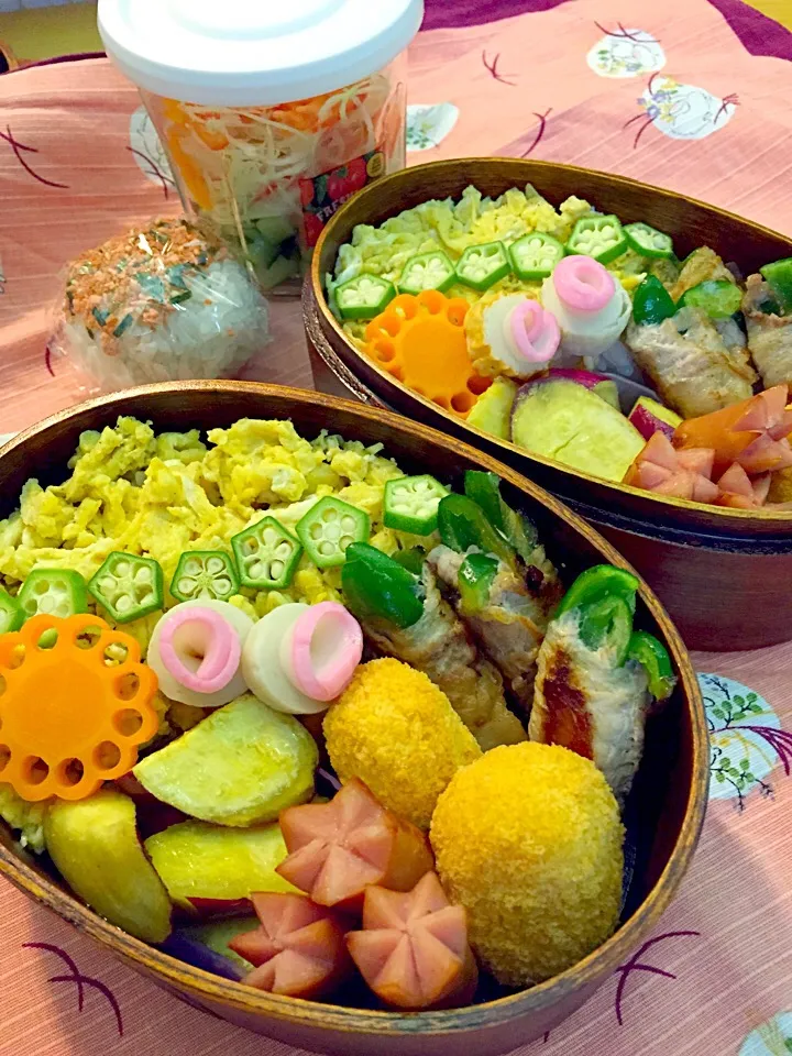 彩り弁当
レースにんじん
かまぼこの花
ソーセージ
コロッケ
豚肉のピーマン巻き
さつまいもの蜂蜜バター|ひななぎさん