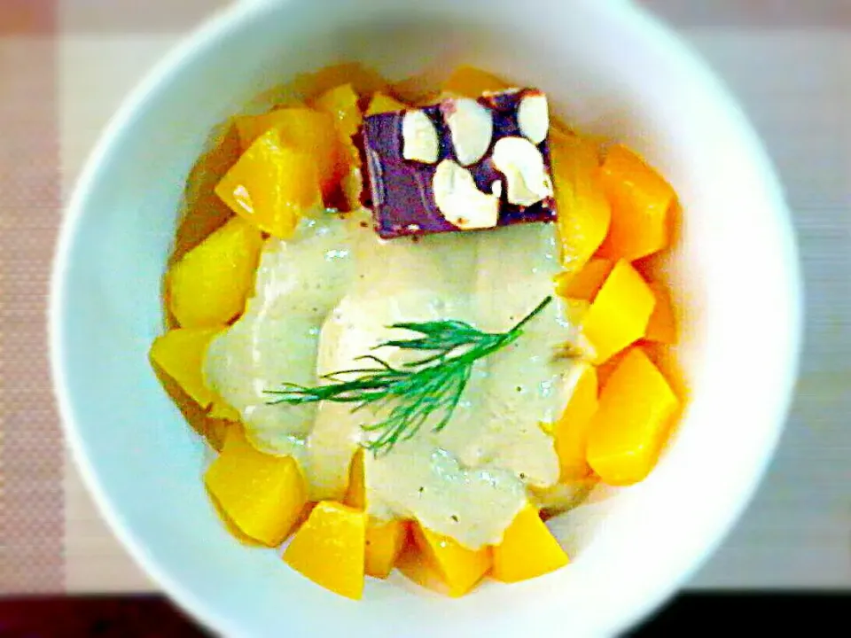 Peach Pineapple Dessert in Avocado Puree (w/ choco brownies cashew lime milk mayonnaise syrup) ✔|🌼 Pooja's Kitchenette 🌼さん