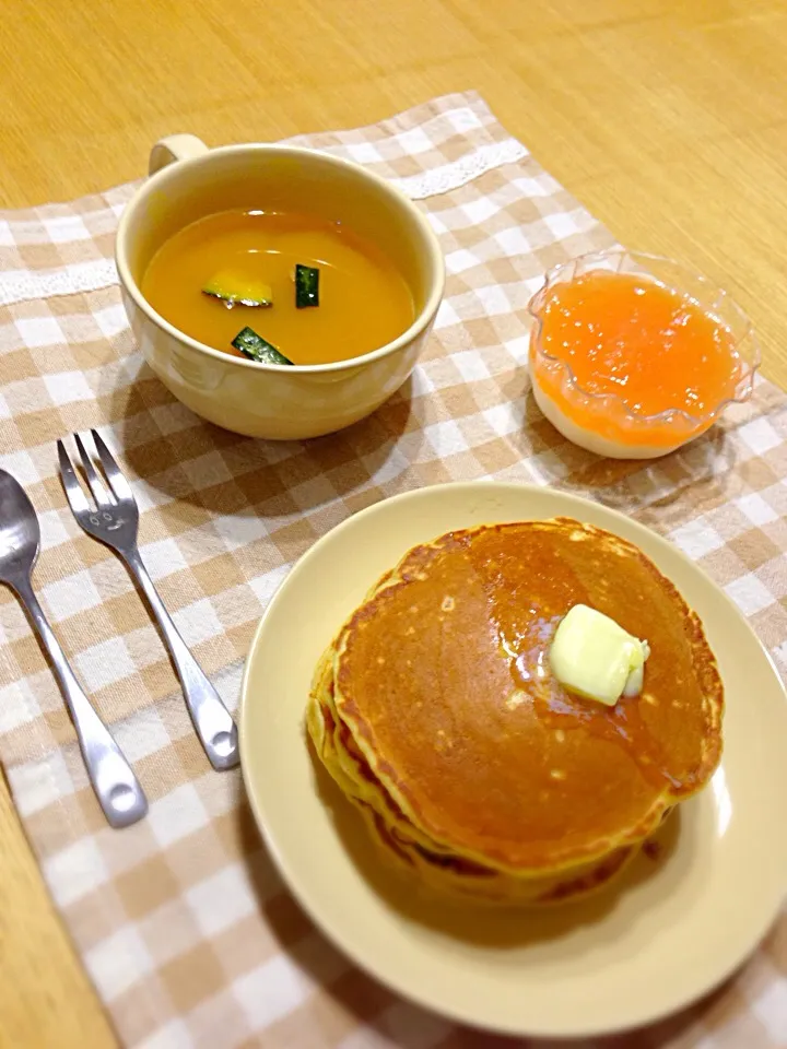 にんじんパンケーキ・カボチャのポタージュ・ヨーグルトムースと野菜ゼリー|ありささん