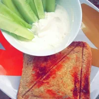 Snapdishの料理写真:#Lunch - eggs, cheese, tomato sandwich  & cucumber dips ! ♡|Mélissaさん