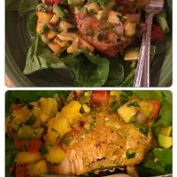 🍴Mango and pineapple salsa with salmon on a bed of spinach 🍴|Mimiさん