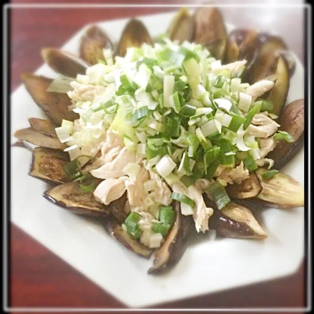 Snapdishの料理写真:れいちぇる◡̈⃝♩さんの料理 焼きナスの茹で鶏と葱のせ🍆子供の頃いちばん好きだったおかず٩꒰｡•◡•｡꒱۶|桜央里さん