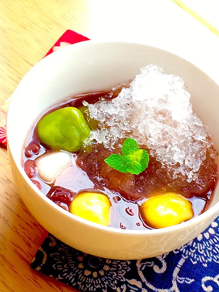 Zenzai Red Bean Soup with Shiratama Maccha, Pumpkin & Coffee sweet dumplings and Shaved ice
抹茶・カボチャ・コーヒーの3色白玉ぜんざい　（かき氷添え）|心斎橋  C Flat Cafeさん