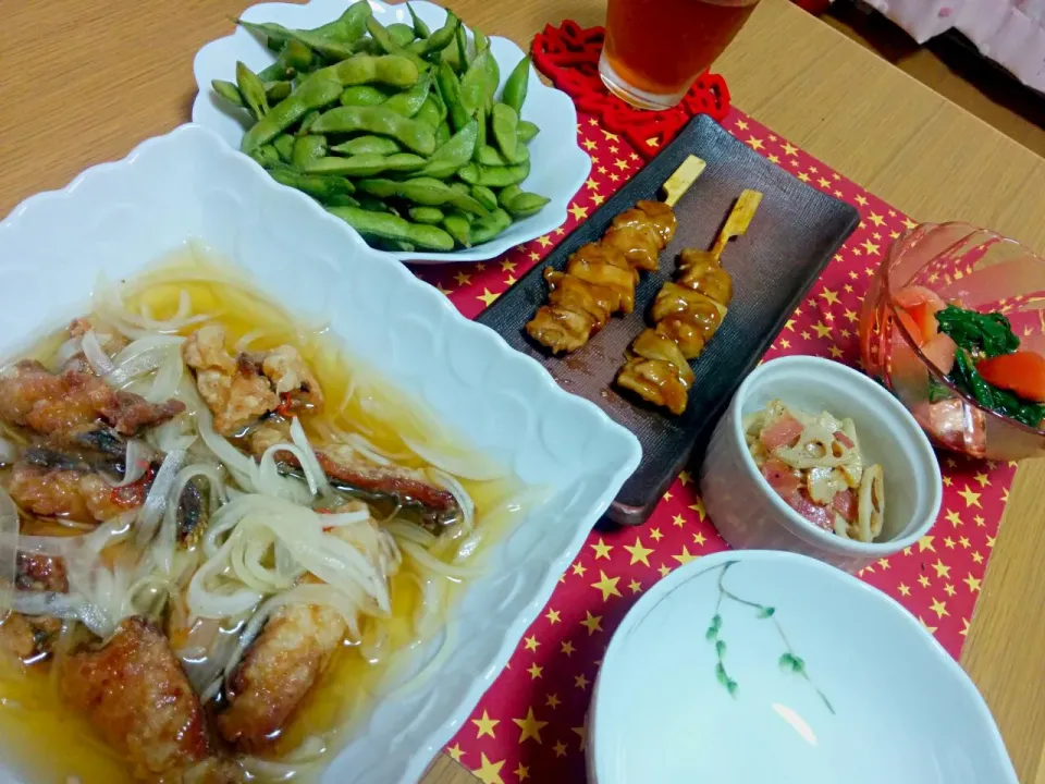 あじの南蛮漬け☆枝豆☆焼き鳥☆ﾓﾛﾍｲﾔとﾄﾏﾄのﾎﾟﾝ酢あえ☆ﾚﾝｺﾝのｶﾞｰﾘｯｸﾏﾖ|中村美穂さん