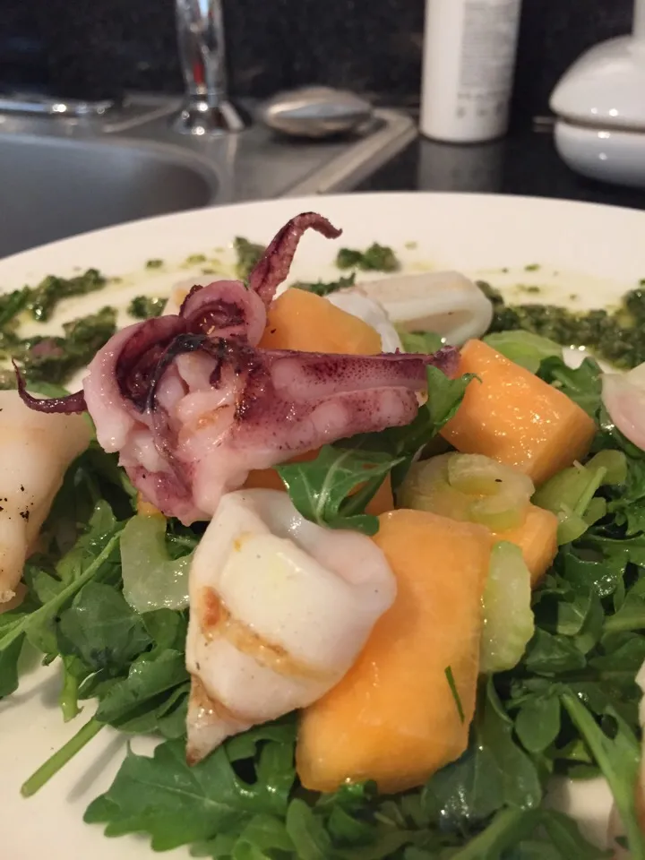 Grilled Squid with Cantaloupe,Celery and Arugula with Salsa Verde|Christine pavelkaさん