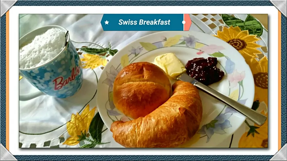 💗 Swiss Saturday Zmorge / Breakfast  😙
Fresh Croissant and Butterweggli (buyed)
with cherry jam, butter and good old Cappuccino ☕|Najeskaさん