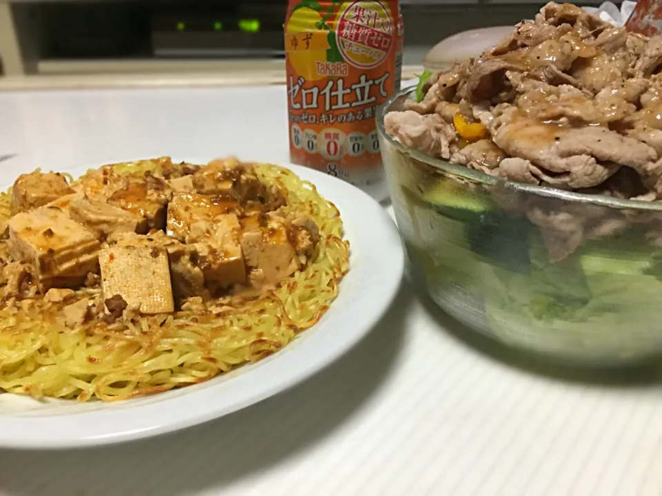 こんさんのレシピ麻婆豆腐やきそばと冷しゃぶサラダ|なっぴさん