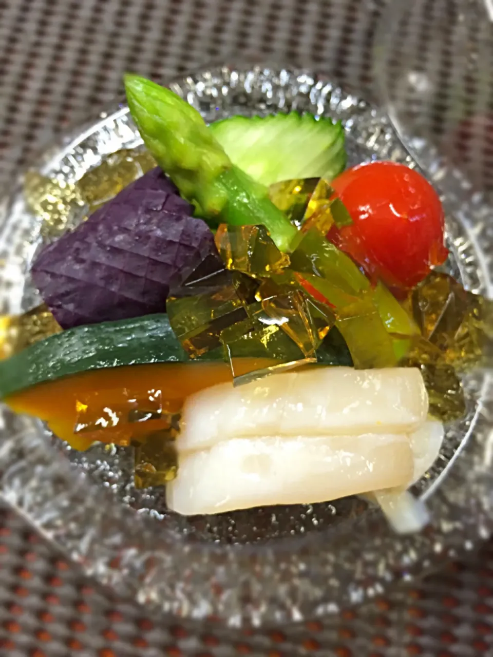 本日の酢の物  有機夏野菜の土佐酢ジュレ掛け|料理長さん