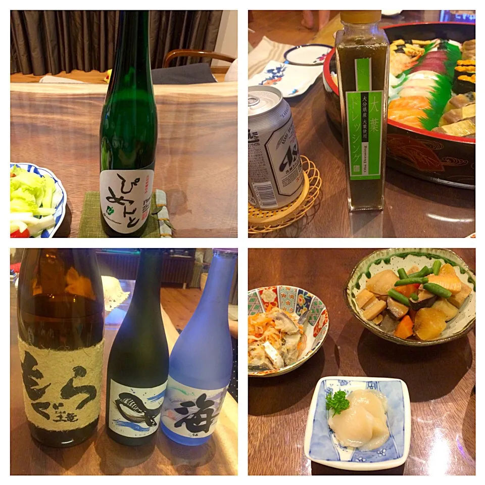 Snapdishの料理写真:お盆料理いろいろ。  ピーマン焼酎ぴめんと、いも焼酎もぐら、くじら、海、大葉ドレッシング、がめ煮、〆鯖のなます、ほたて。|関孝敏さん